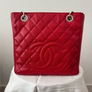 CHANEL Red PST Quilted Caviar Leather Tote with Oversized CC
